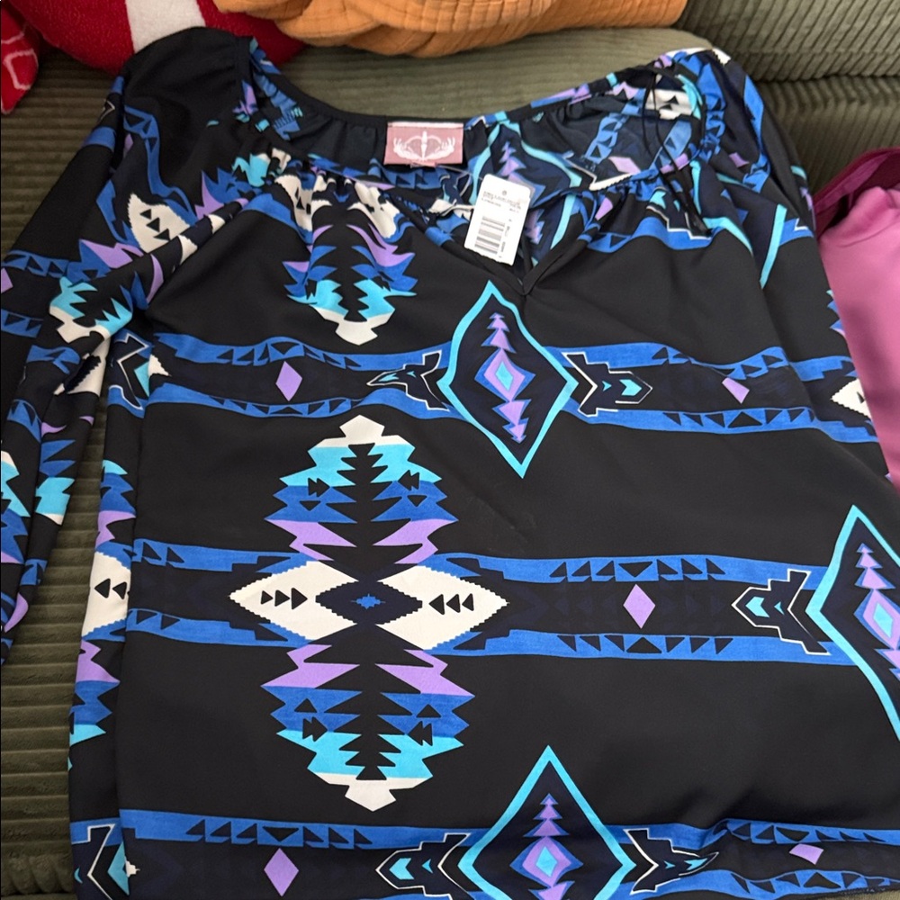 Cato Black and Blue Tribal Print Blouse